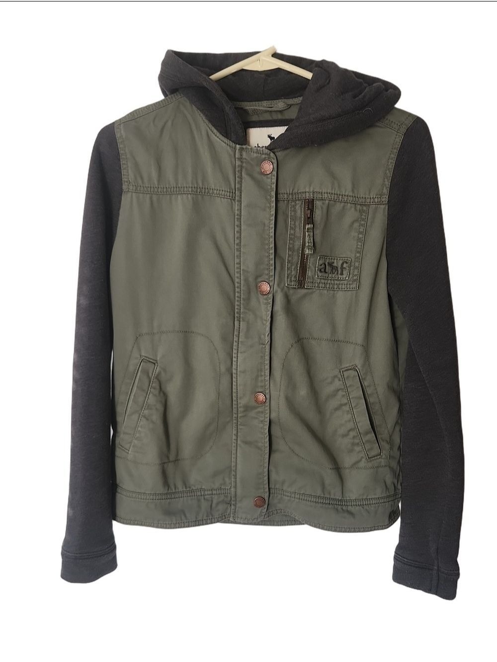 Abercrombie & Fitch Kids Mixed Media Utility Jacket - Olive Green & Grey Hooded